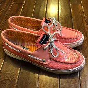 Sperry Top Slider’s, Coral Sequin, Size: 7.5